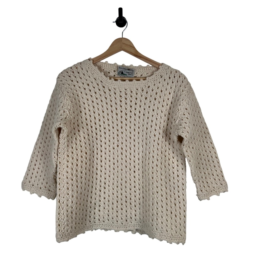 Irish Cottage Industries 100% Wool Sweater Cream Pointelle Open Knit 3/4 Sleeve
